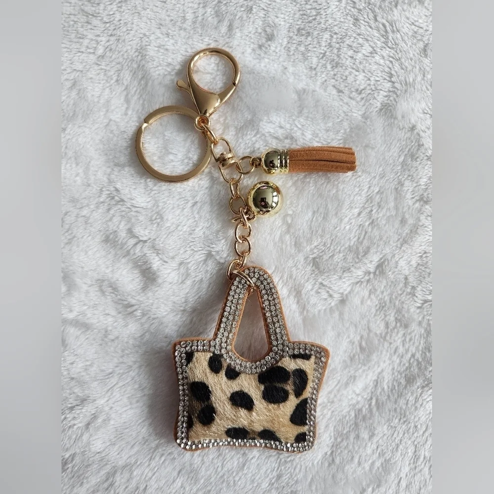 Leopard Print Purse Tote Keychain with Gold Accents